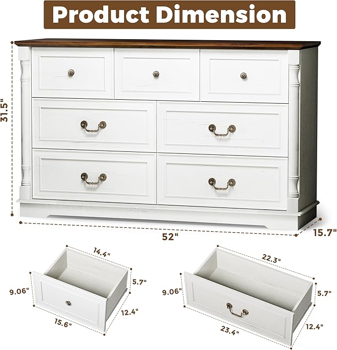 Farmhouse 7 Drawer Dresser for Bedroom, 52" Wide Rustic Chest of Drawers with Retro Handle, White Dresser with Natural Texture, Wood Vintage TV Stand for Living Room, Hallway, Antique White