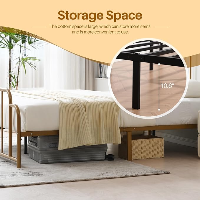 PINJU Metal Platform Bed Frame with Headboard and Footboard, Classic Style, Sturdy Metal Slats, No Box Spring Needed, Easy Installation (Gold, Queen)