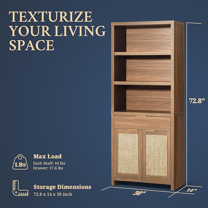 Hampstead Bookcase, Rattan Bookcase with Doors Cabinet and Drawer, 5-Tier Bookshelf, Large Wooden Book Case, Tall Bookshelves for Library Living Room (Weathered Oak, 3 Pieces)