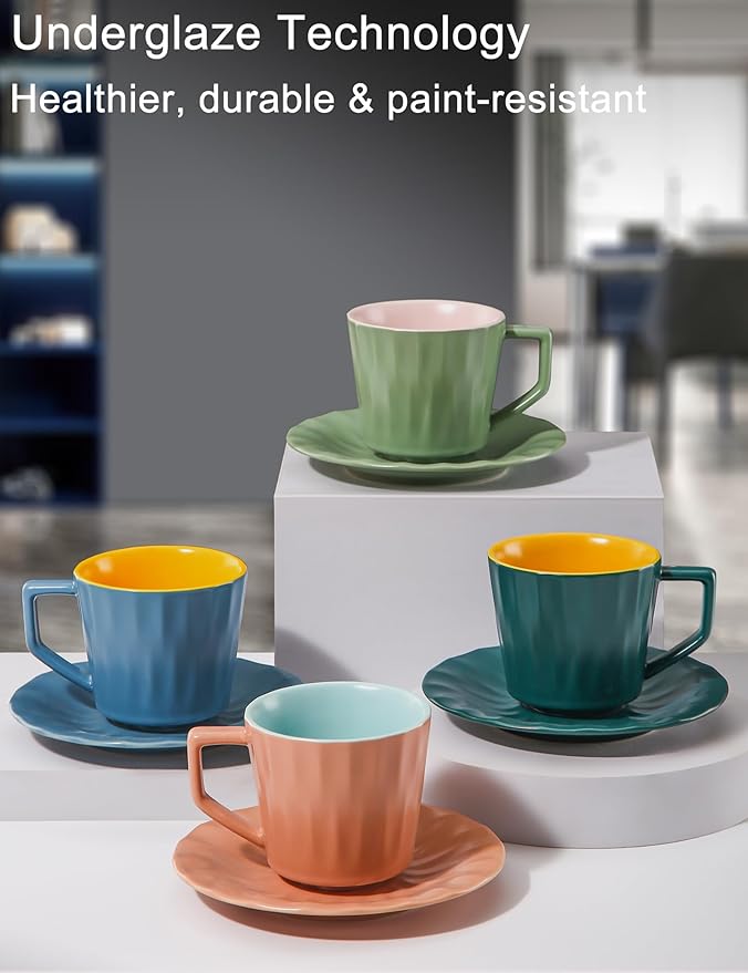 Tea Cups and Saucers, 7.5 OZ Large Espresso Cups Set of 4, Porcelain Coffee Mug and Saucer, Dishwasher & Microwave Safe for Cappuccino, Latte, Mocha, Tea Party, Birthday Gift