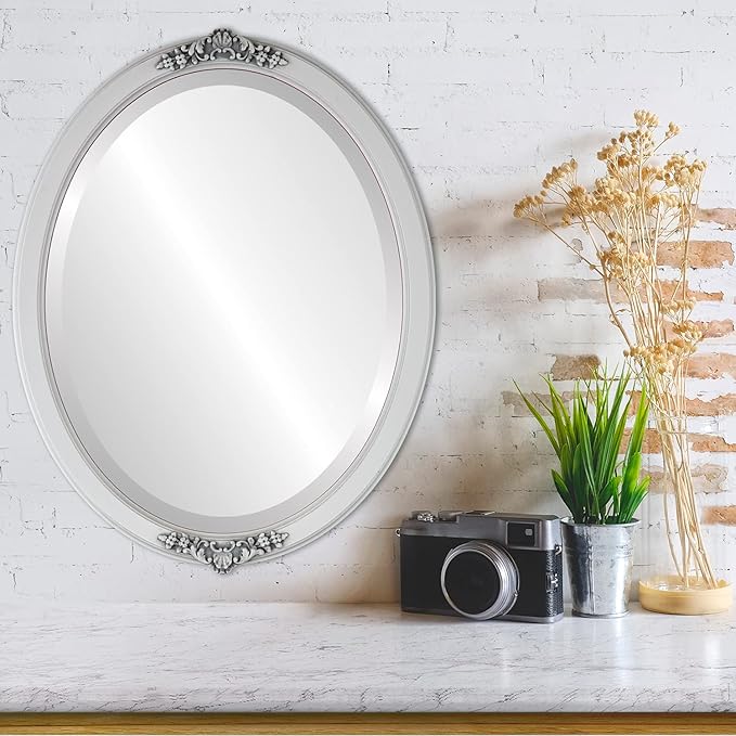 OVALCREST Oval Beveled Wall Mirror for Home Decor - Athena Style - Linen White - 21" x 17" Outside Dimensions