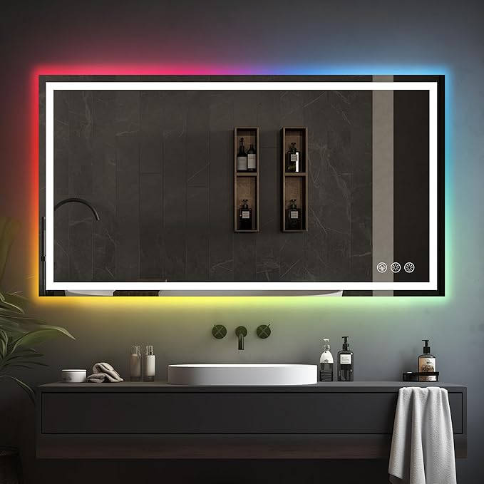 Awoco LED Bathroom Mirror, 55" x 36 Vanity Mirror with 8 Colors RGB Backlit and 3 Colors Front Light, Dimmable Anti-Fog Lighted Mirror, Memory Function, for Bathroom Wall