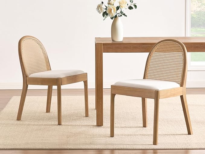 Upholstered Wooden Dining Chairs Set of 2, Farmhouse Kitchen & Dining Room Chairs with Cane Back, Accent Dining Table Chairs Beige Linen Seat for Kitchen/Restaurant/Living Room, Beige