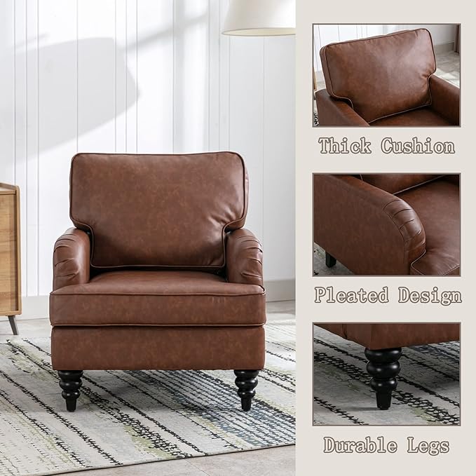 PU Leather Upholstered Accent Chair Modern Single Sofa Chair with Thick Removable Back Cushion and Black Printed Legs Armchair for Living Room/Bedroom/Reading Room, Brown