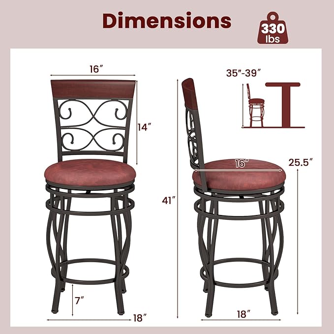 Giantex 26" Swivel Bar Stools Set of 2, Counter Height Bar Stools w/Back, Upholstered PU Leather Seat, Footrest, Max Load 330Lbs, Vintage Metal Barstools for Kitchen Island, Dining Room, Rustic Brown