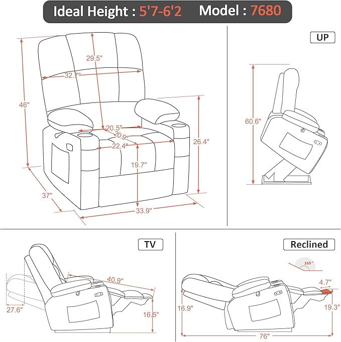 MCombo Large Dual Motor Power Lift Recliner Chair for Elderly, Massage and Heat, Lay Flat, Zero Gravity, Home Button, USB Port, Faux Leather 7680 (Navy Blue, Large)
