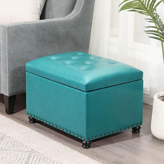 Leather Storage Ottoman Bench with Nailhead Trim Chests, Rectangle 24 Inch Foot Rest Ottomans Stool for Living Room Bedroom (Teal Blue)