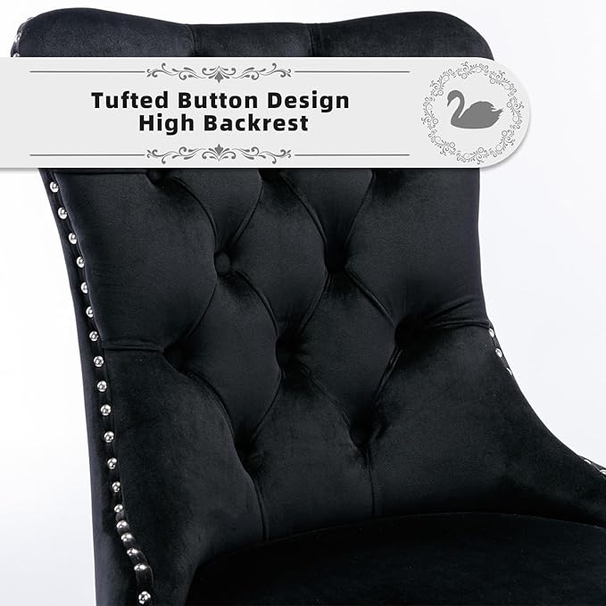 Velvet Upholstered Dining Chairs Set of 6, Modern Style Kitchen Side Chairs with Nailhead Trim and Silver Plated Leg, Metal Pulling Ring for Dining Room Living Room(Black, Set of 6)