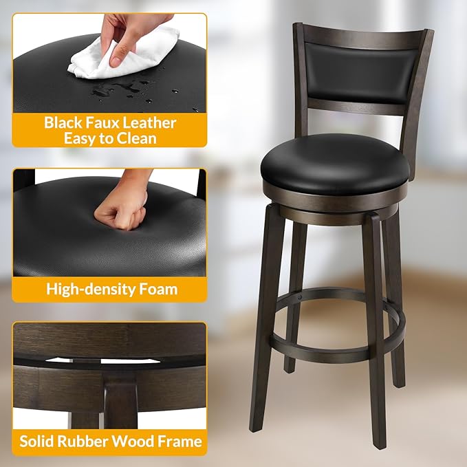 PrimeZone Swivel Bar Stools Set of 2, 30 Inch Bar Height Barstools, Black Faux Leather Bar Stool with High Backrest & Solid Wood Legs & Wrap-Around Footrest, Counter Stools for Kitchen Island, Pub