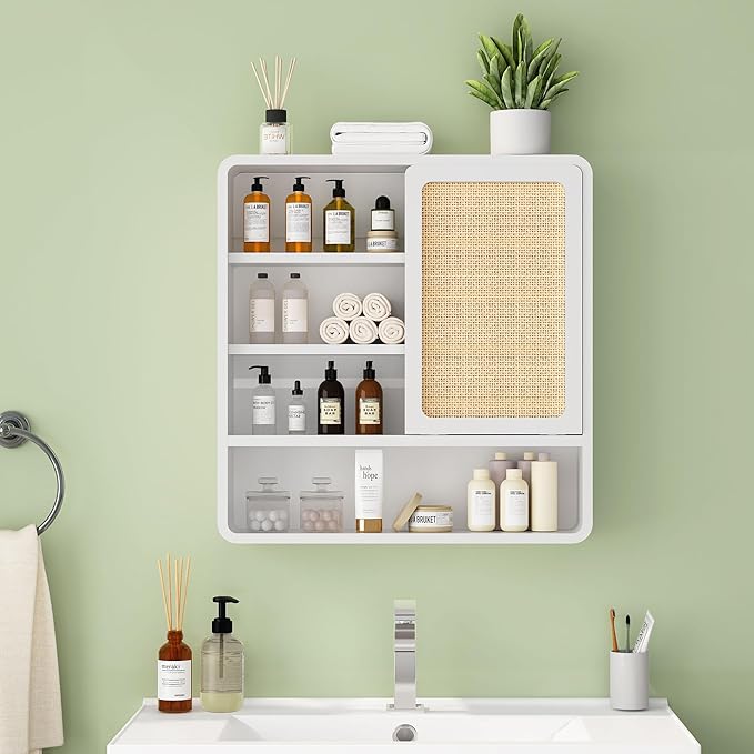 Wall Bathroom Cabinet with Flax Sliding Door, Wood Medicine Cabinet with Adjustable Shelf, Hanging Cabinet for Bathroom, Livingroom (White-1)