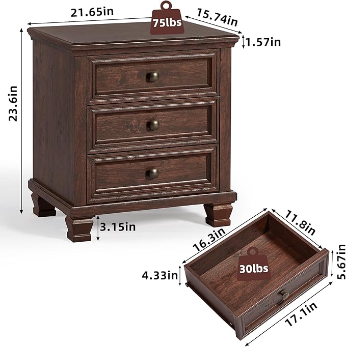 Farmhouse Nightstand with 3 Drawers, Rustic Couch End Table with 4 Square Solid Wood Legs, Mid-Century Modern Bed Side Table with Storage, Small Dresser for Bedroom, Living Room, Walnut