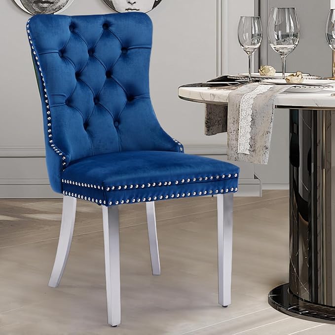 Velvet Upholstered Dining Chairs Set of 8, Modern Style Kitchen Side Chairs with Nailhead Trim and Silver Plated Leg, Metal Pulling Ring for Dining Room Living Room(Blue)