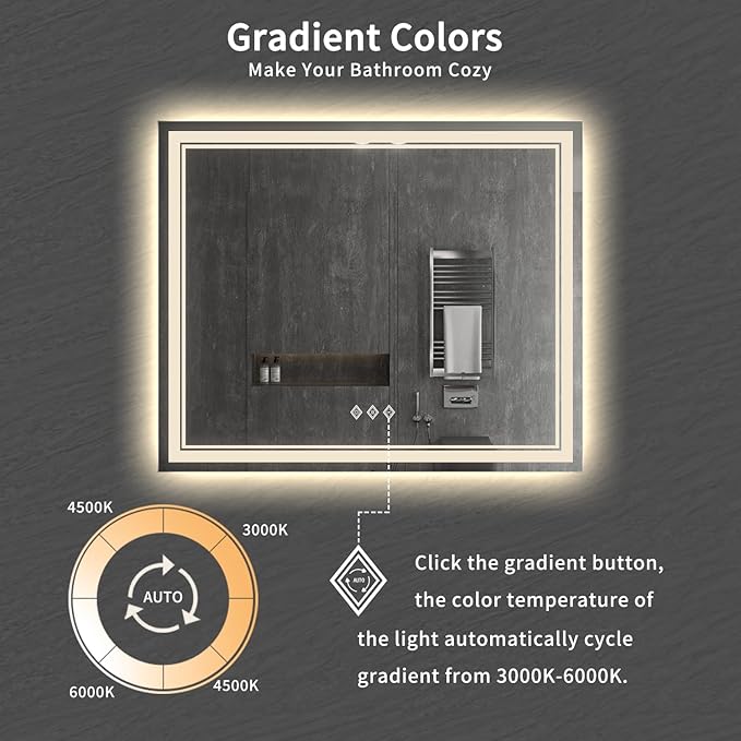 Vanity Mirror with Lights, 48x40 Inch Gradient Front and Backlit Smart Mirror, 3 Colors Dimmable CRI>90 Double Lights, IP54 Enhanced Anti-Fog, Hanging Plates Wall Mount LED Mirror