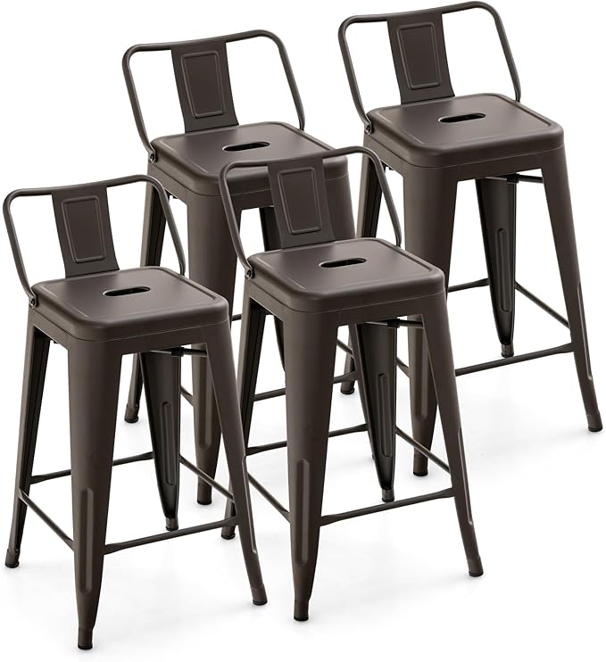 COSTWAY Metal Bar stools Set of 4, with Removable Back, 24'' Counter Height Stools with Rubber Feet, Stylish and Modern Chairs, for Kitchen, Dining Rooms, and Side Bar (Gun, 24'')