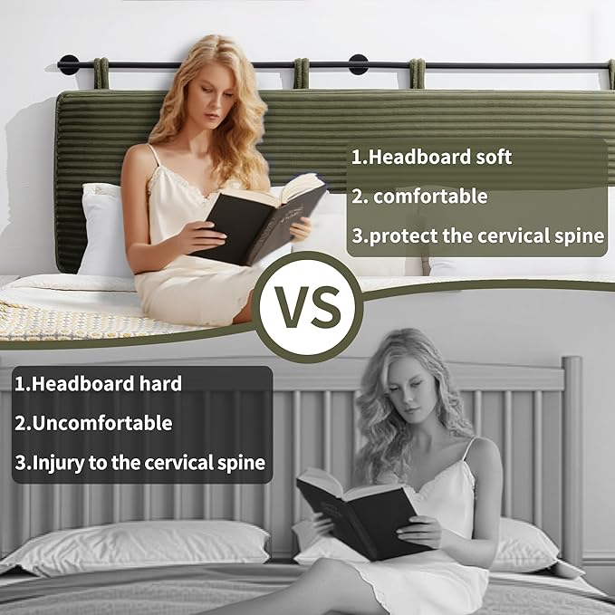 UEV Queen Headboard Only, Wall Mounted Hanging Upholstered Bed Head Board, Modern Vertical Channel Design of Fine Flannel, Elegant Green Fluted Headboard for Bedroom (Green, Queen Size)