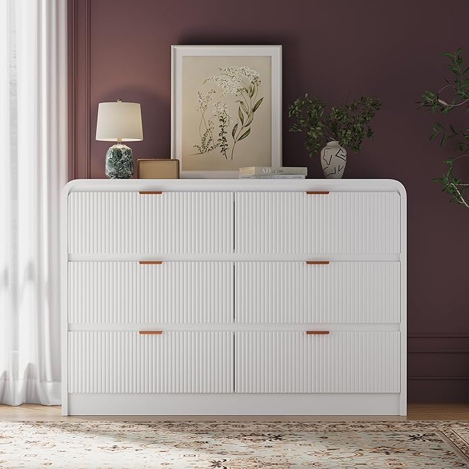 FURSUN Fluted 6 Drawers Dresser for Bedroom, 54" Wide Wooden Dresser with Metal Handle, Curved Profile Design, Modern Storage Organizer for Bedroom, Hallway (White)