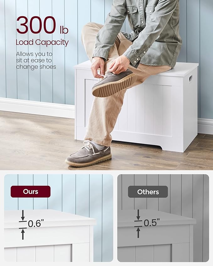 VASAGLE Storage Chest, 29.9 Inches Width Storage Bench, Entryway Bench with 2 Safety Hinges, Shoe Bench, Farmhouse Style, for Entryway, Bedroom, Living Room, Cloud White ULHS11WT
