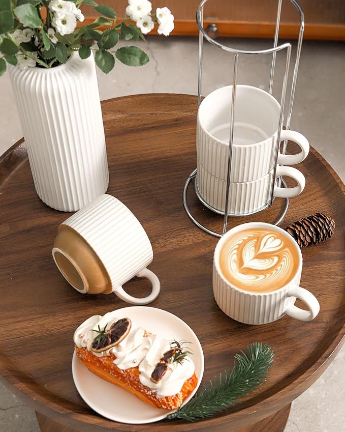 Ceramic Coffee Mugs with Stand,15 Oz Stackable Coffee Cups Set of 4 for Latte,Milk,Tea,Gift for Thanksgiving Christmas Housewarming,Dishwasher & Microwave Safe,White Patchwork Color