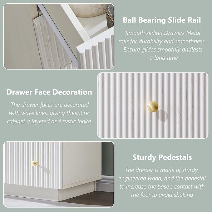Fluted Dresser for Bedroom, 48" H White 7 Drawer Dressers, Wood Tall Dresser Storage Organizer, Modern Bedroom Chest with Deep Storage for Closet Hallway, Entryway, Living Room White
