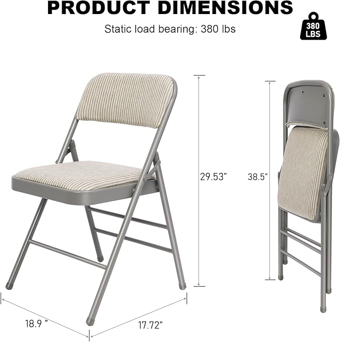 6 Pack Folding Chairs Fabric Dining Chair Set with Padded Cushion and Back, Indoor Outdoor Foldable Seat with Steel Frame for Home Office Events Wedding Party, Oatmeal Strip Seating