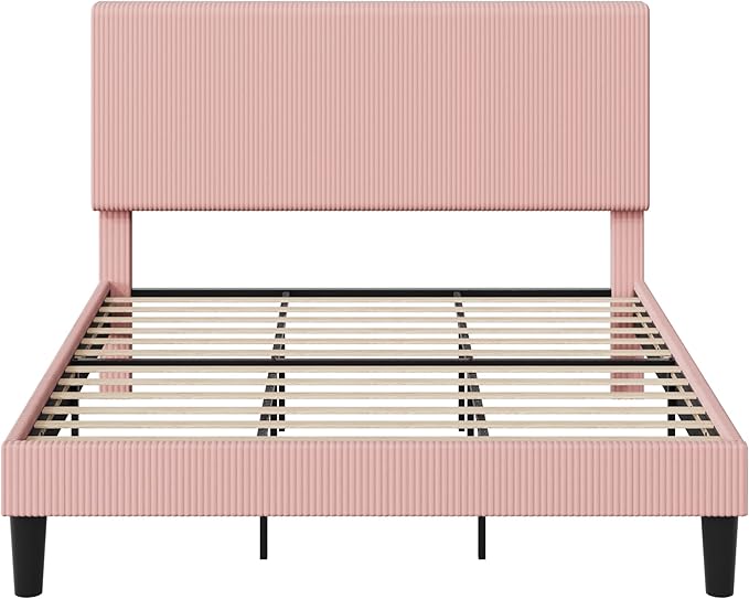 Allewie King Size Upholstered Bed Frame with Vertical Channel Tufted Headboard, Soft Corduroy Fabric Platform Bed, Strong Wooden Slats Support, Easy Assembly, No Box Spring Needed, Light Pink