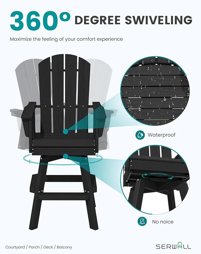 SERWALL Swivel Adirondack Bar Chair, HDPE Swivel Balcony Adirondack Chair, Outdoor Bar Height Barstoolsfor Bistro, Poolside, Garden, Black