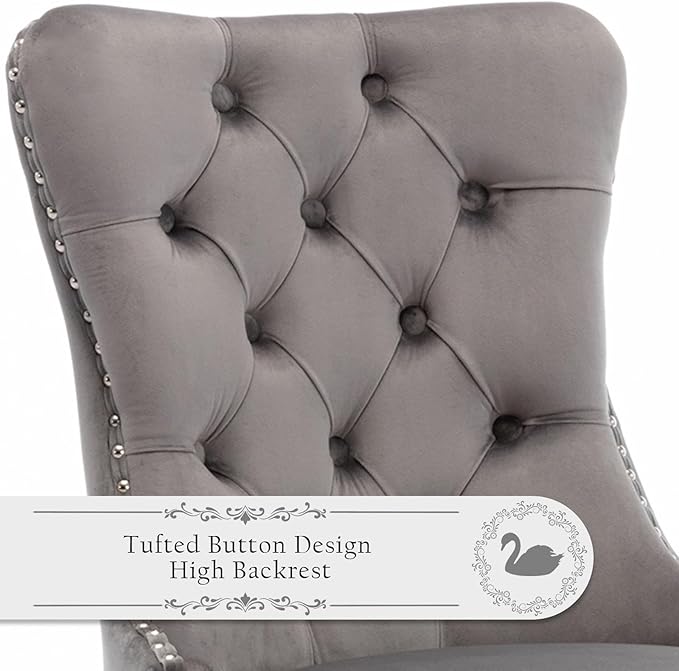 Velvet Upholstered Dining Chairs Set of 6, Modern Style Kitchen Side Chairs with Nailhead Trim and Silver Plated Leg, Metal Pulling Ring for Dining Room Living Room(Gery-Silver Plated Leg)
