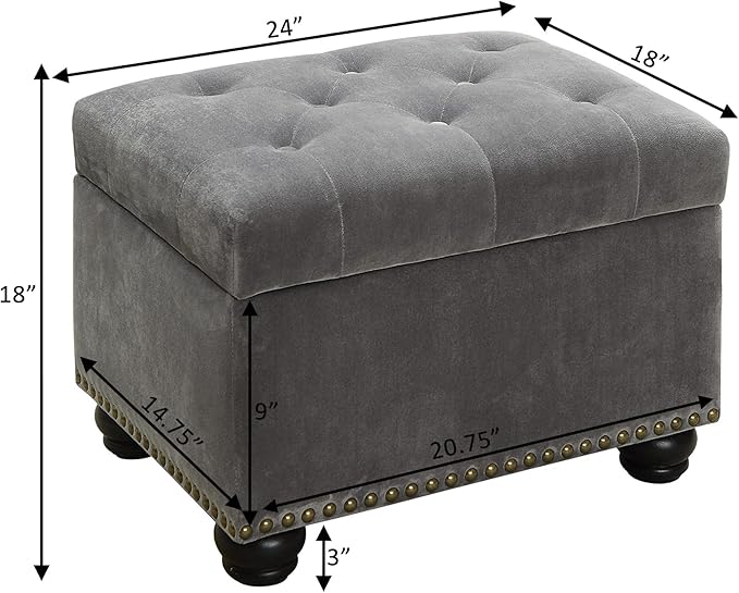 Convenience Concepts Designs4Comfort 5th Avenue Storage Ottoman 24" - Contemporary Foot Stool and Seat with Hinged Lid for Living Room, Dining Room, Office, Den, Gray Velvet