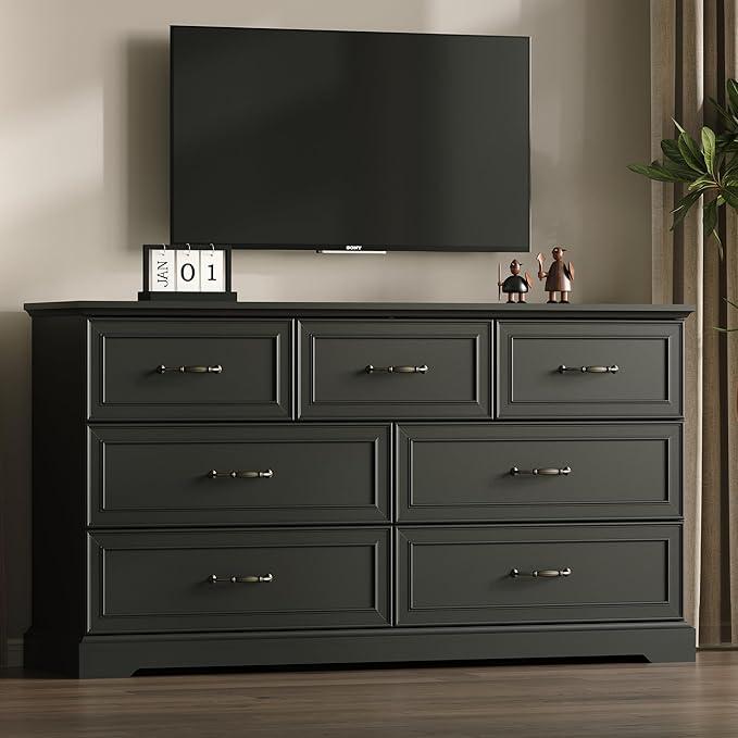 Farmhouse 7 Drawers Dresser for Bedroom, 57" Wide Modern Chest of Drawers with Deep Drawers & Bar Handles, Rustic Wood Dresser TV Stand, Wooden Closet Storage Organizer for Living Room, Hallway, Black