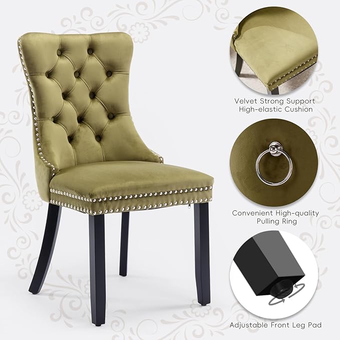 Velvet Upholstered Dining Chairs Set of 6, Modern Style Kitchen Side Chairs with Nailhead Trim and Wood Legs,Metal Pulling Ring for Dining Room Living Room(Olive Green,Set of 6)