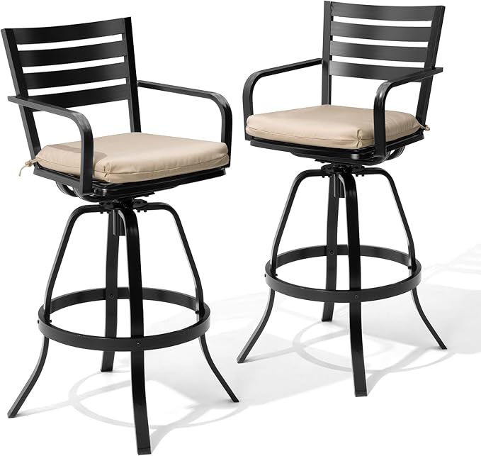 Pellebant Outdoor Bar Stools Set of 4 with Sunbrella Cushion, 29.5" Aluminum Swivel Bar Height Stool Chairs with Back & Footrest, Rust-Proof Patio Bartools for Deck Lawn Garden, Beige