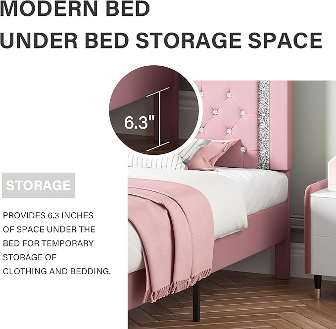 BarnFurin Twin Bed Frame with Headboard, Faux Leather Upholstered Bed with Diamond Tufted Design, Princess Twin Bed Frames for Kids, No Box Spring Required, Easy Assembly, Pink