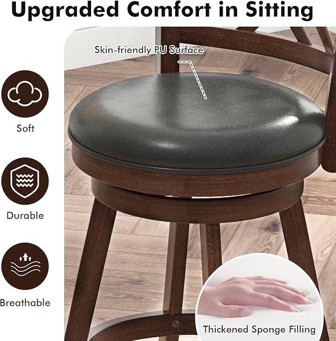 COSTWAY Bar Stool Set of 4 for Kitchen Island, Swivel Upholstered Counter Height Barstools with PU Surface, Rubber Wood Frame, 360° Rotatable Seat, Curved Back, Sturdy Footrest (4, 24" Seat Height)