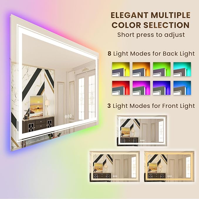 WTTY LED Bathroom Mirror 55"x36" with RGB Backlit and Front Light,Stepless Dimmable LED Mirror for Bathroom,Colored Lighted Bathroom Vanity Mirror,Anti-Fog,Memory Function,Shatter-Proof