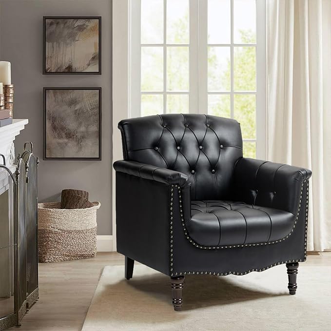 Faux Leather Accent Chair, PU Leather Modern Comfy Upholstered Armchair with Wood Legs & Nailhead Trim for Living Room, Bedroom (Black,Set of 2)