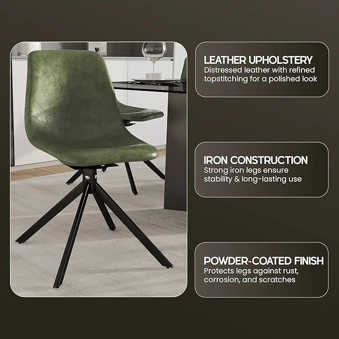 LeisureMod Markley Swivel Leather Dining Side Chair with Durable Iron Legs – Comfortable Accent Chair for Kitchen, Dining Room, or Office Set of 4