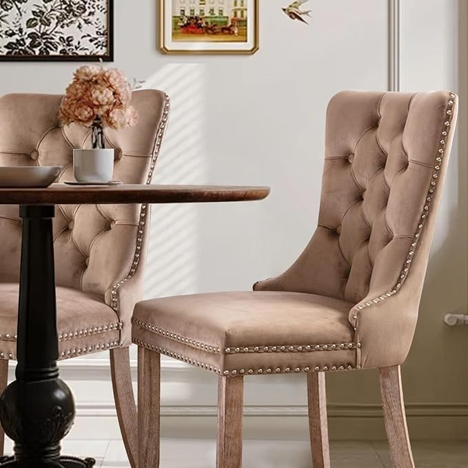 Velvet Upholstered Dining Chairs Set of 2, Modern Style Kitchen Side Chairs with Nailhead Trim and Wood Legs,Metal Pulling Ring for Dining Room Living Room(Khaki)