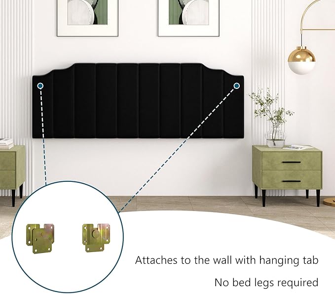 King Size Headboard Only, Velvet Wall Mounted Headboard King for Adjustable Bed Modern Upholstered Head Board Easy Assembly, Black