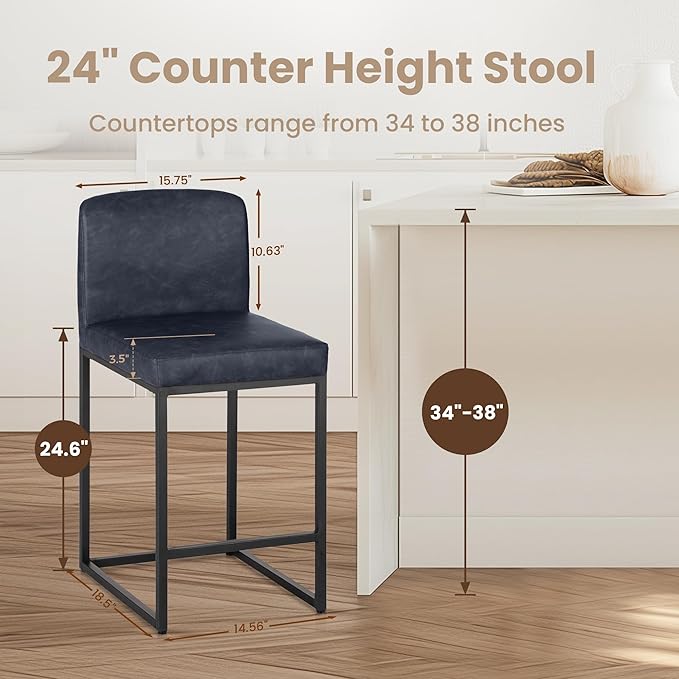 PHI VILLA Bar Stools Set of 4 - Counter Height Chairs Faux Leather Barstools 24 inch Bar Stool, Kitchen Stool with Back