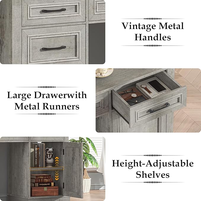 Farmhouse 59'' Executive Desk with Charging Station,Office Desks Computer Desk with 5 Drawers, Wood Workstation for Home Office and Study, File Drawers and Storage Cabinet, Grey