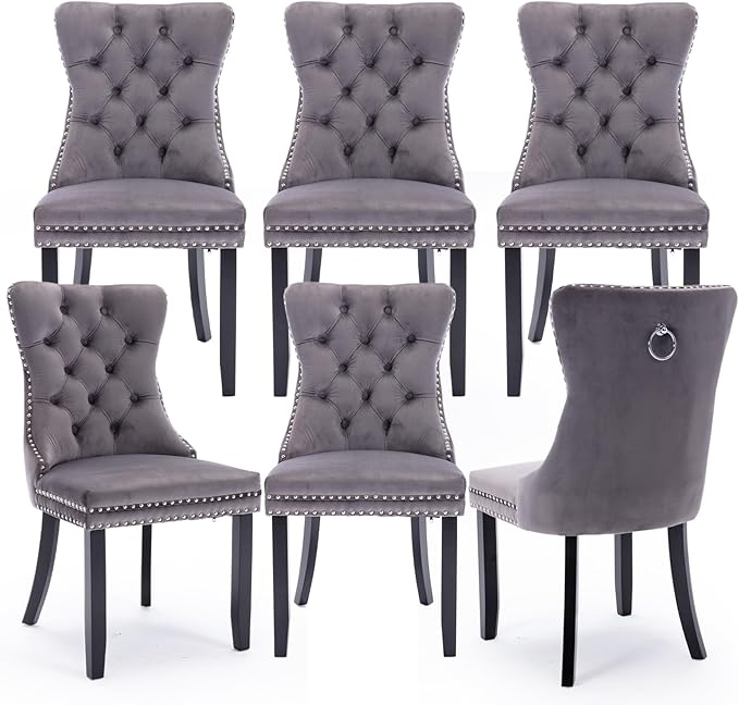 Velvet Upholstered Dining Chairs Set of 6, Modern Style Kitchen Side Chairs with Nailhead Trim and Wood Legs,Metal Pulling Ring for Dining Room Living Room(Grey,Set of 6)