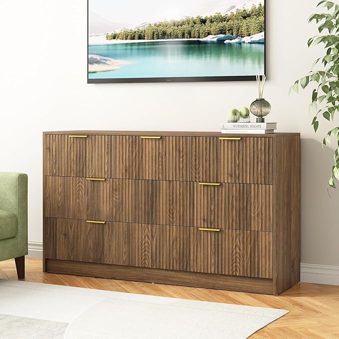 7 Drawers Dresser for Bedroom，55" Wide Fluted Dresser with Deep Drawers, Modern Chest of Drawers, Mid Century Wood TV Stand Storage Organizer for Closet, Living Room, Hallway, Natural