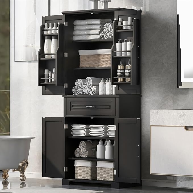 Polibi Bathroom Storage Cabinet with 4 Doors, 3-Tier Door Racks, Storage Drawer, 72" Free-Standing Tall Linen Cabinet for Bathroom, Living Room, Apartment, Black
