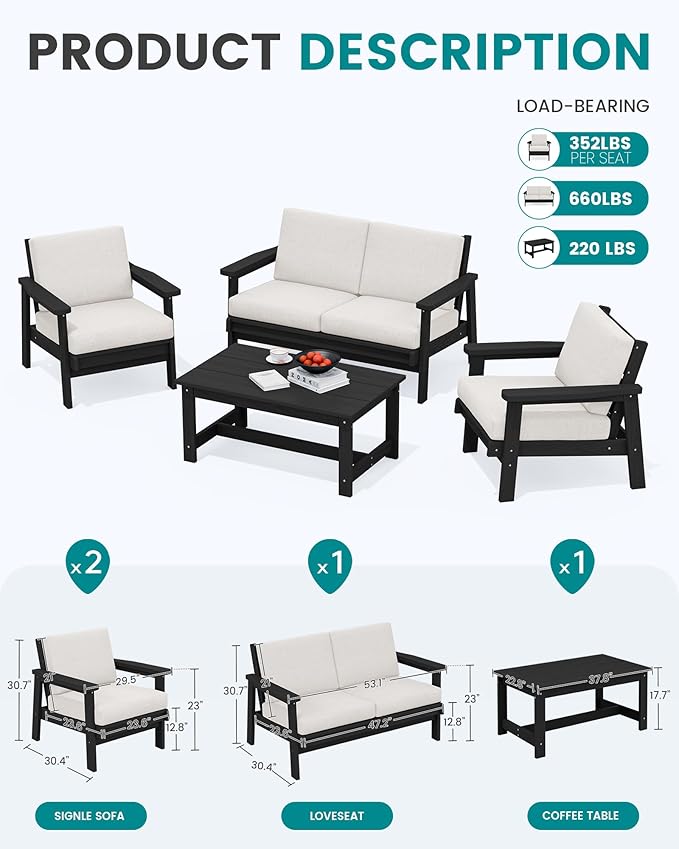 SERWALL HDPE Outdoor Furniture Set, 4 Piece Outdoor Sofa Set, Black Frame with Khaki Cushions