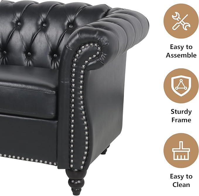 Faux Leather Sofa Couches Set, Modern Comfy Upholstered Couch with Cushions, Home Sofa Sectional Furniture Sets, 3-Piece Mid Century Tufted Chesterfield Couches for Living Room, Bedroom, Office