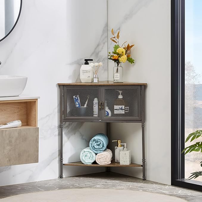 VECELO 3 Tier Corner Shelf,Corner Table with Mesh Door and Open-Shelf,Corner Cabinet Stand,Metal Frame Organizer Display Storage Shelves for Bedroom,Living Room,Kitchen,Bathroom