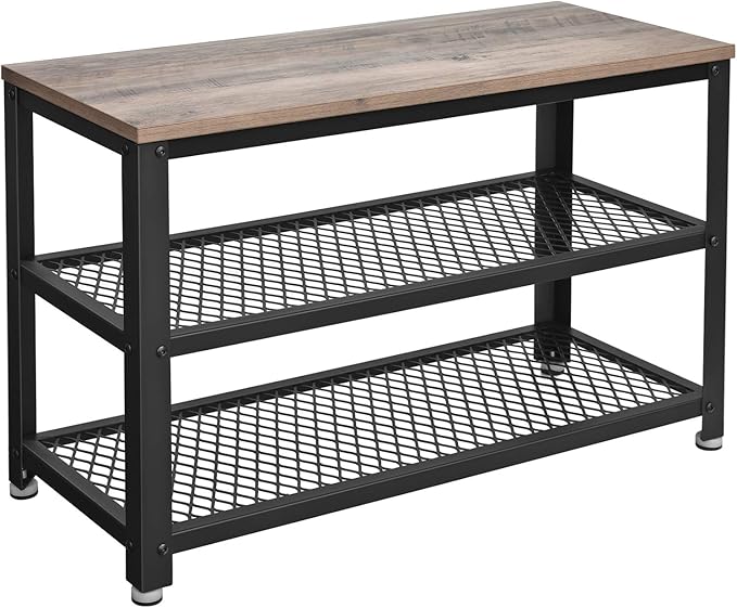 VASAGLE, 3-Tier Shoe Rack, Shelf Storage Bench with Metal Mesh Shelves and Seat, Free Standing Shoe Organizer for Entryway, 11.8 x 28.7 x 17.7 Inches, Greige and Black ULBS73MB