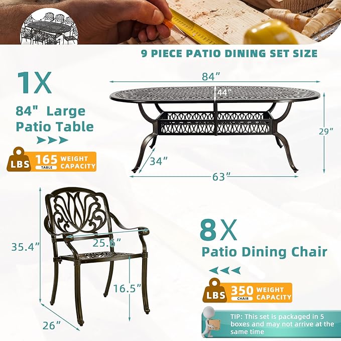 MEETWARM 9-Piece Outdoor Patio Dining Set, 8 Outdoor Dining Chairs and 1 Oval Table with 2" Umbrella Hole, All Weather Cast Aluminum Patio Funiture Set for Backyard, Patio, Garden
