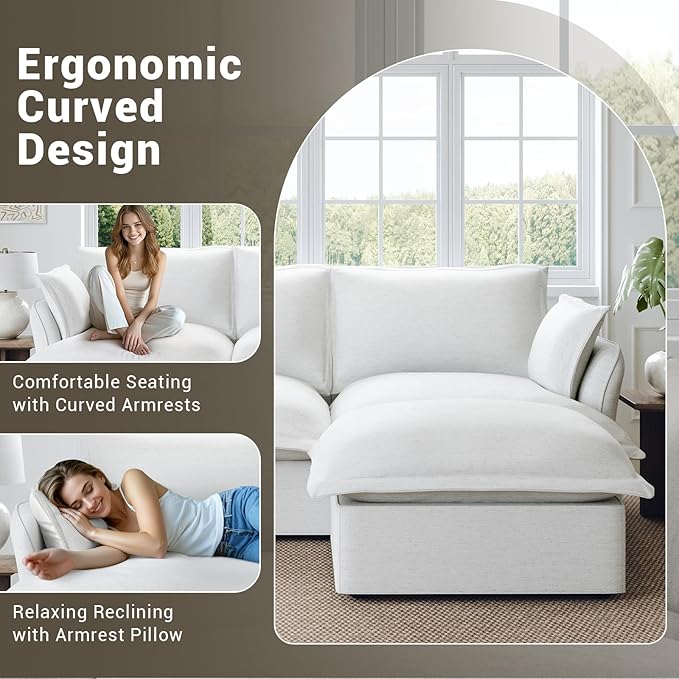146” Oversized Cloud Modular Sectional Sofa, Comfy Down Filled Cloud Couch with Removable Cover, 4 Seater Modular Couch with 2 Ottomans, U Shaped Sectional Couches for Living Room, Cream White