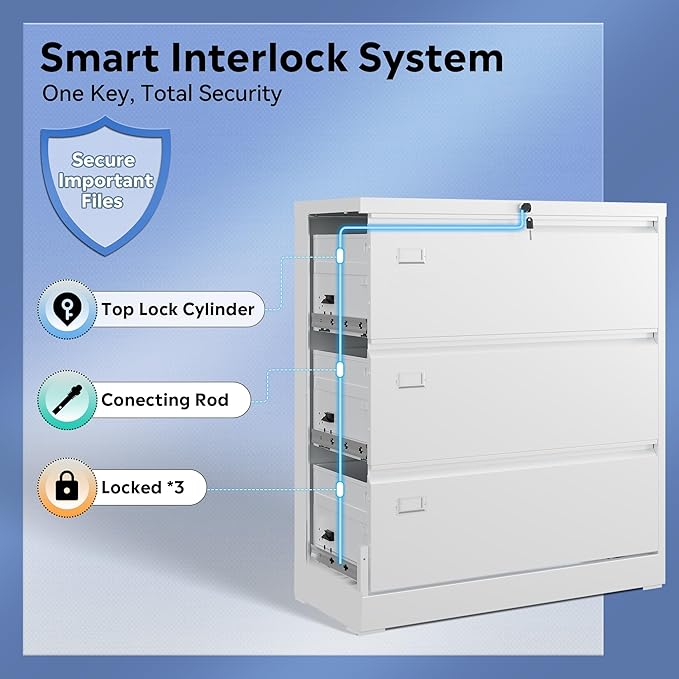 DEVAISE 3 Drawer Lateral File Cabinet with Lock, Metal Filing Cabinets for Home Office, 16" D x 35" W x 40.5" H Wide Storage Organization for Hanging Files Letter/A4/Legal/F4 Size, White